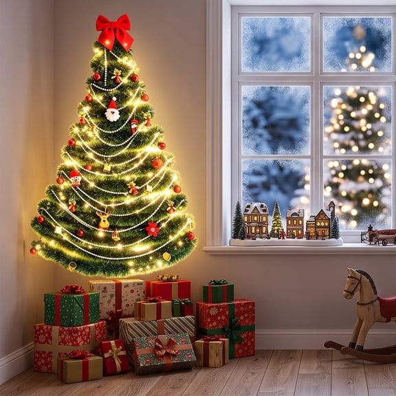 Diceymbol Foldable Christmas Tree Wall Hanging, 47.24 Inch Lighted Garland Set with 33 Ft String Lights