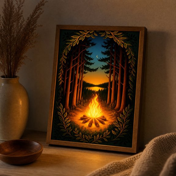 Diceymbol Forest Campfire Light Up Wall Art, Illuminated Picture Frame, 12.4 x 9.06 Inch