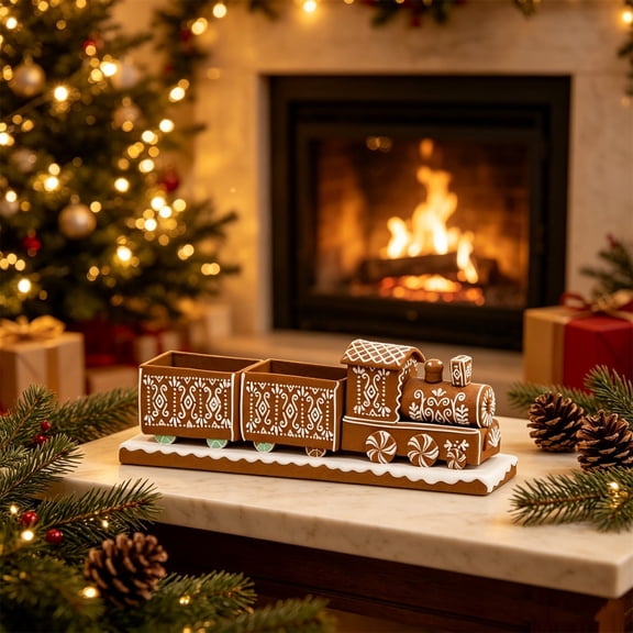Diceymbol Gingerbread Train Christmas Decor, 7.87 Inch Resin Candy Train Tabletop Ornament with 2 Storage Compartments for Mantel Shelf Holiday Home Decoration