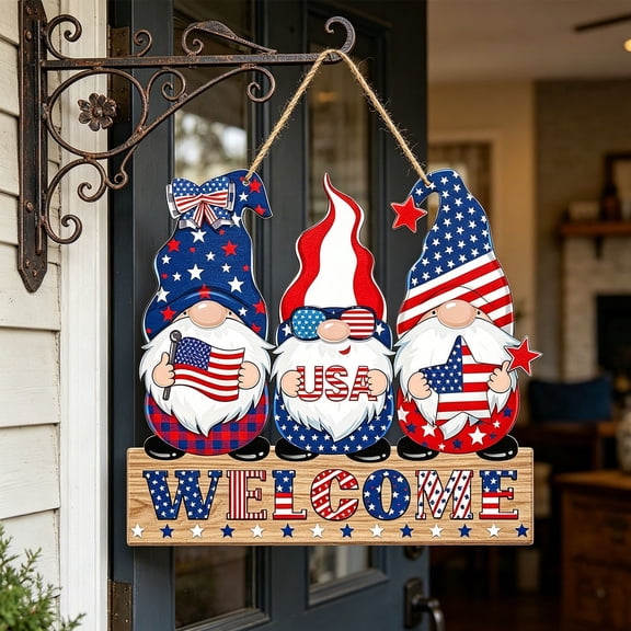 Diceymbol Gnome Welcome Wooden Sign 4th Of July Triple Patriotic Gnome USA Flag Print for Memorial Day Front Door Porch Wall Home Decor 12In