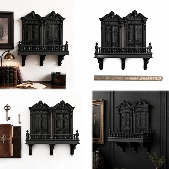Diceymbol Gothic Cathedral Window Wall Shelf, Black Arched Display Shelf with Ornate Victorian Details for Collectibles, Bedroom Living Room Wall Decor