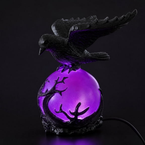 Diceymbol Gothic Raven Crystal Ball Lamp, Black Crow on Purple Orb LED Table Light for Halloween Bedroom Desk Shelf Decor