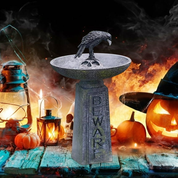 Diceymbol Halloween Beware Bath Ornament Crow-Topped Skeleton Resin Decor with Water-Tight Basin for Haunted Gardens & Graveyard Displays
