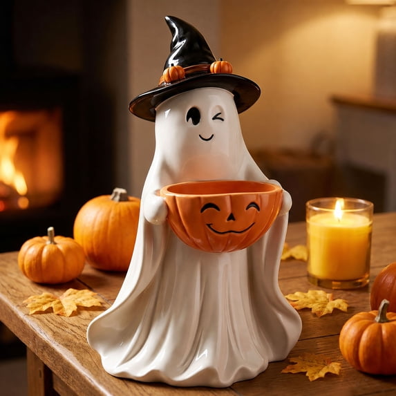 Diceymbol Halloween Candy Bowl 9.84 Inch, Witch Hat Halloween Ghost Decor with Pumpkin Candy Holder for Tabletop Mantel Shelf Decor