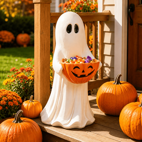 Diceymbol Halloween Safe Ghost Candy Bowl 14 Inch Pumpkin Treat Holder for Candy Cookies Snacks Trick or Treat Table Decor