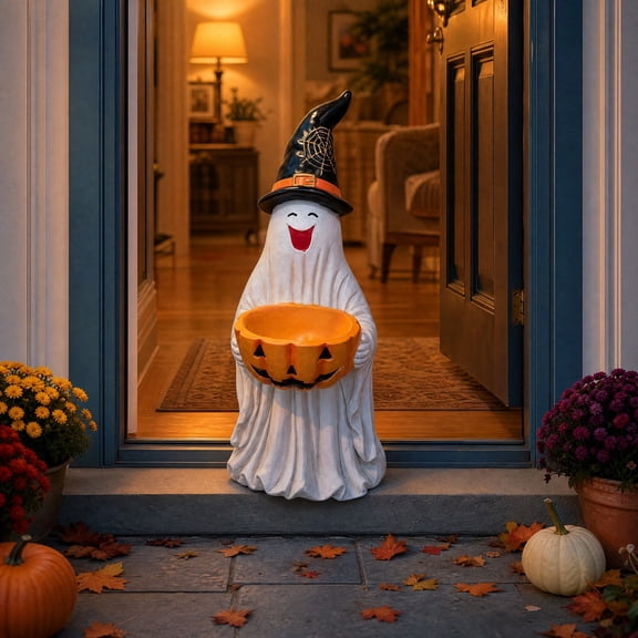 Diceymbol Halloween Ghost Candy Bowl 9.8 Inch, Witch Hat Ghost Holding Pumpkin Treat Bowl for Mantel Shelf Entryway Decor