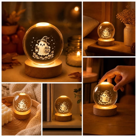 Diceymbol Halloween Ghost Crystal Ball Night Light, Wooden LED Base Tabletop Decor, 3.14 Inch