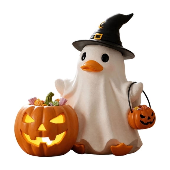 Diceymbol Halloween Ghost Duck Figurine Lighted Pumpkin Witch Hat Decor for Tabletop Display 7 Inch