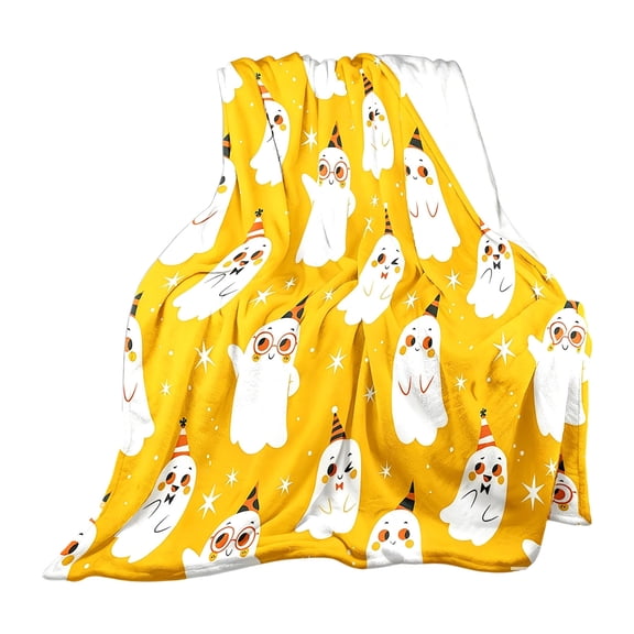 Diceymbol Halloween Ghost Fleece Throw Blanket Bright Yellow for Sofa Halloween Decorations and Holiday Gift 39x51 Inch