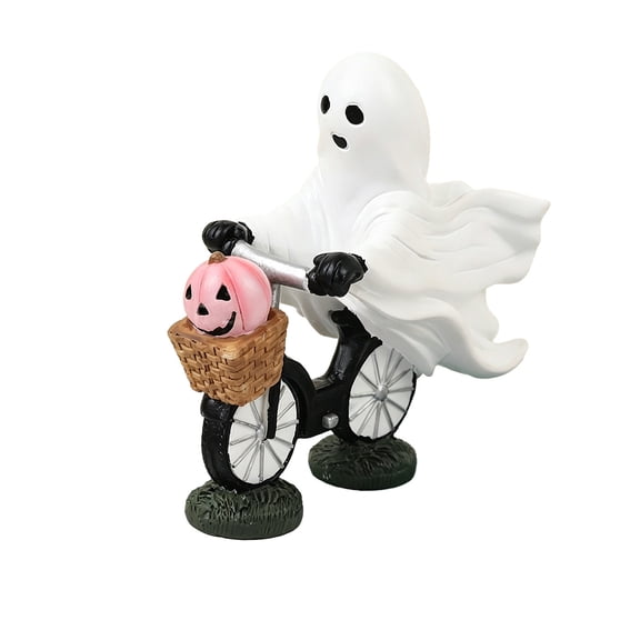 Diceymbol Halloween Ghost Riding Bicycle with Pink Pumpkin Resin Figurine for Tiered Tray Halloween Decorations 5 Inch