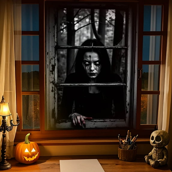 Diceymbol Halloween Ghost Woman Window Curtain Scary Door Hanging Decoration with High-Definition Print for Party and Home Decor