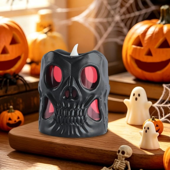 Diceymbol Halloween Hollow Skull Flameless LED Mini Candle Light Shadow Projection for Patio Tiered Tray Garden Fall Decor 3 Inch