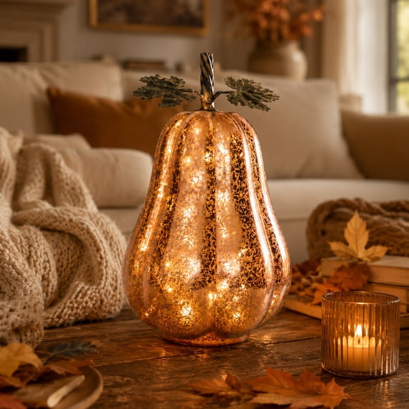 Diceymbol Halloween Lighted Gourd Pumpkin Lamp Orange Tabletop Decor for Mantel Shelf Seasonal Party Display 10 Inch