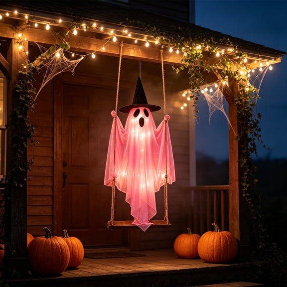 Diceymbol Halloween Lighted Hanging Ghost Decor, Pink Witch Hat Swing Ghost Decoration for Porch Yard Tree Home Party, 4.92 Ft