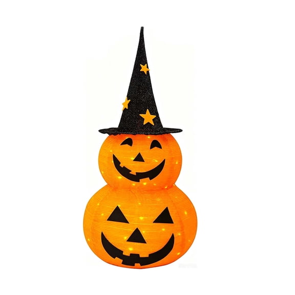 Diceymbol Halloween Lighted Pumpkin Decoration 37.5 Inch, Stacked Jack O Lantern with Witch Hat for Halloween Porch Decor Party Display