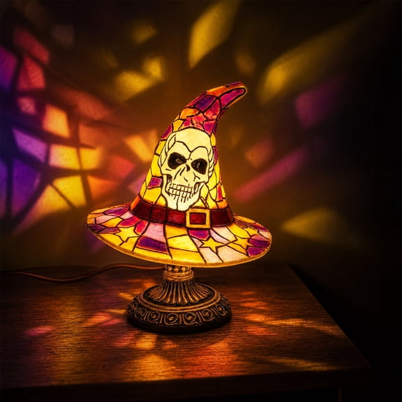 Diceymbol Halloween Skull Witch Hat Table Lamp 8 Inch Stained Glass Style Night Light for Shelf Mantel Party Decor
