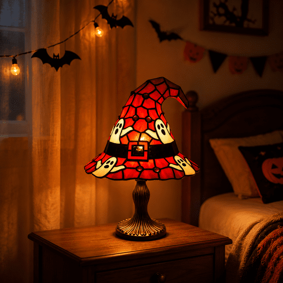 Diceymbol Halloween Stained Glass Witch Hat Lamp with Ghost Gothic Night Light for Bedroom Mantel Shelf Decor 12 Inch
