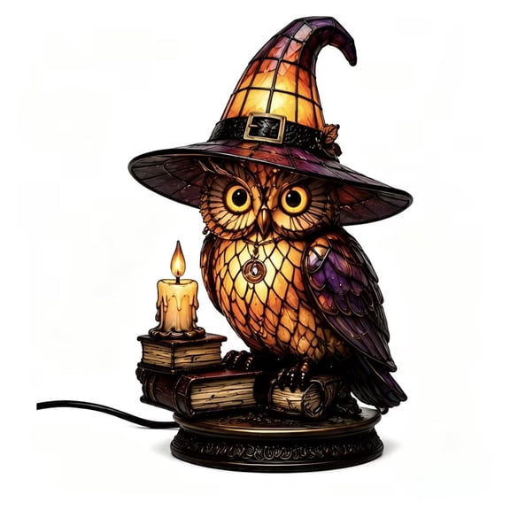 Diceymbol Halloween Table Lamp, Stained Glass Style Owl Night Light with Witch Hat Design, LED Warm Light Decor for Indoor Home 12In