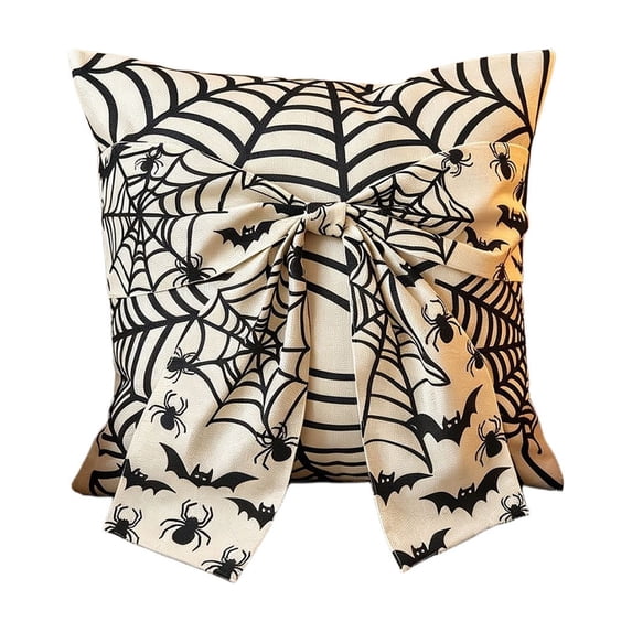 Diceymbol Halloween Throw Pillow Ivory Spiderweb Bat Bow Cushion for Couch Bed Gothic Home Decor 18 Inch