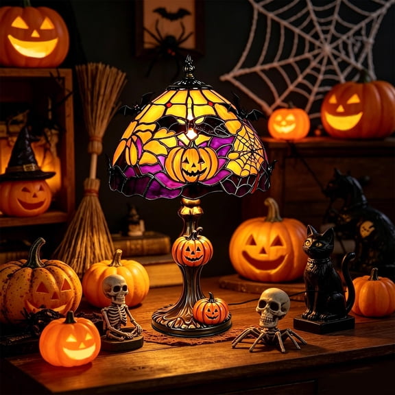 Diceymbol Halloween Tiffany Style Stained Glass Lamp with Skeleton Base Spooky Decor for Table Patio Yard Home Halloween Home Decorations 11 Inch