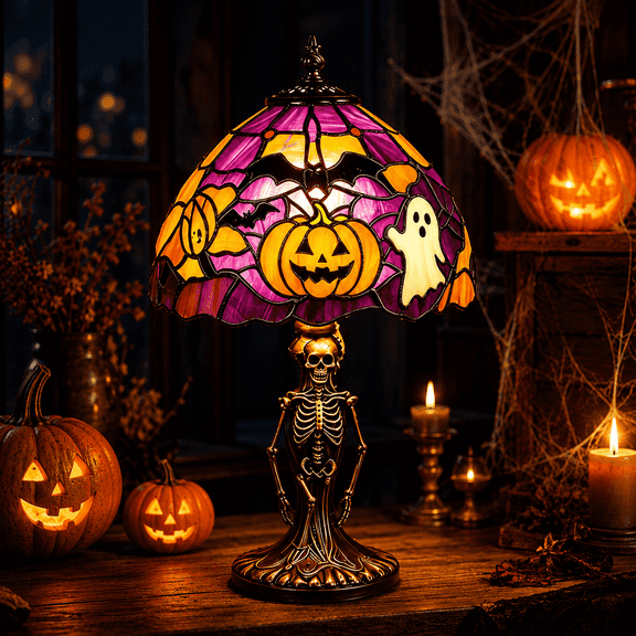 Diceymbol Halloween Tiffany Style Stained Glass Lamp with Skeleton Base Spooky Decor for Table Patio Yard Home Halloween Home Decorations 11 Inch