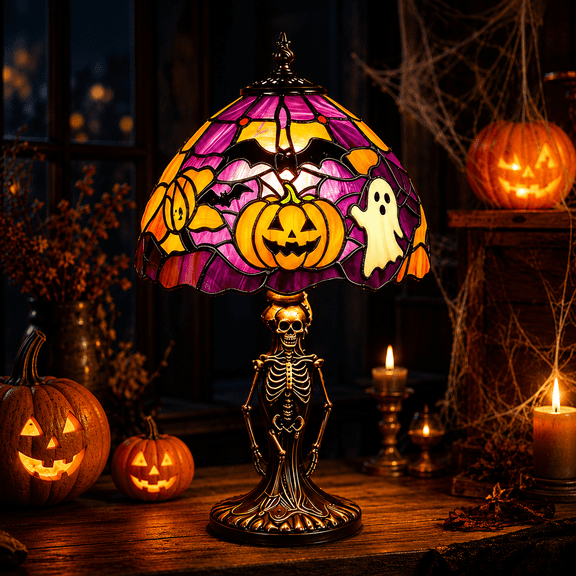 Diceymbol Halloween Tiffany Style Stained Glass Lamp with Skeleton Base Spooky Decor for Table Patio Yard Home Halloween Home Decorations 11 Inch