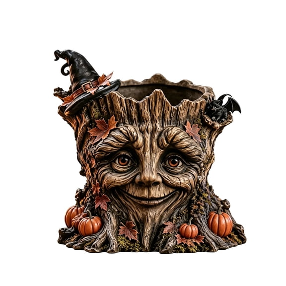 Diceymbol Halloween Tree Stump Planter with Witch Hat Bat and Pumpkins for Tabletop Gothic Fall Decor 12 Inch