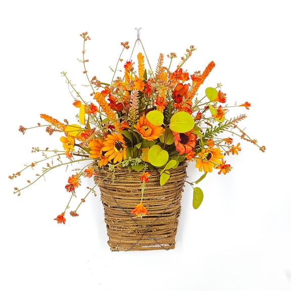 Diceymbol Hanging Baskets with Artificial Flowers Sunflower Floral Wall Hanging Basket for Patio Yard Home Garden Fall Decor 14 Inch