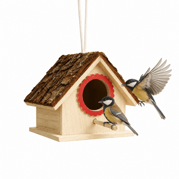 Diceymbol Hanging Wooden Bird House With Bark Roof Natural Wood Bird House For Outside Outdoor Garden Bird Nest Box With Perch Decorative Weatherproof For Patio Backyard