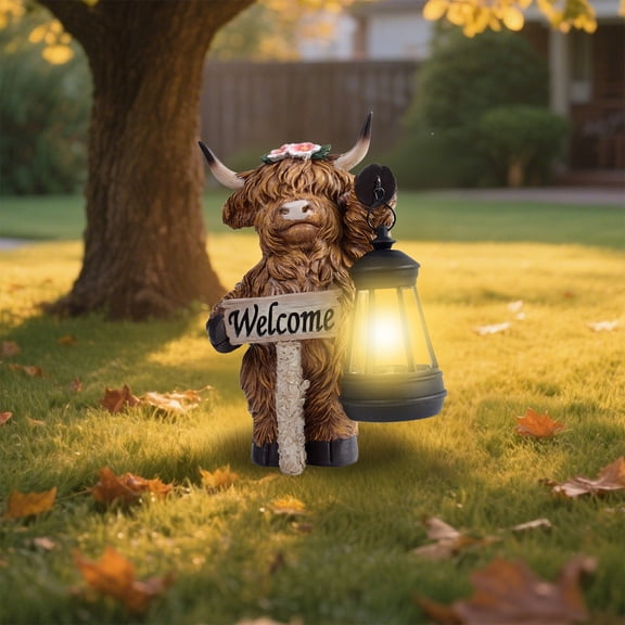 Diceymbol Highland Cow Solar Garden Statue with Welcome Sign Waterproof LED Light for Lawn Patio Backyard Outdoor Decor 11In