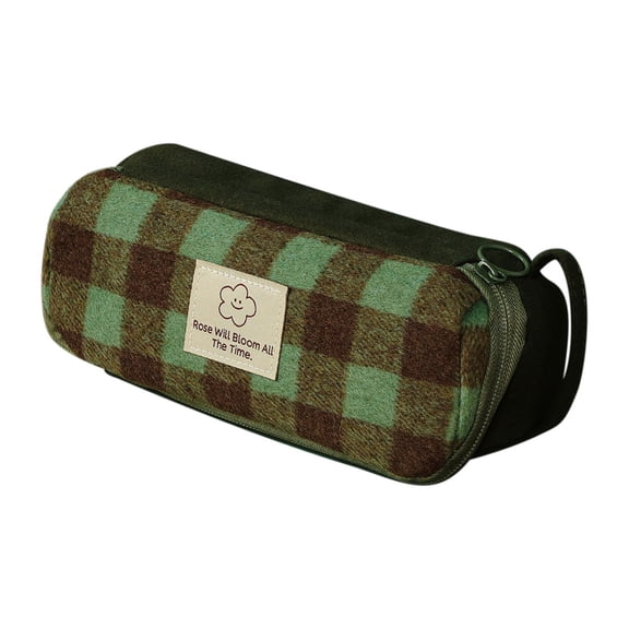 Diceymbol Large Capacity Gingham Check Stationery Pouch Portable Durable Sturdy Soft Fuzzy Stationery Case with Handle and Decorative Label for Daily Office Travel and Study Use