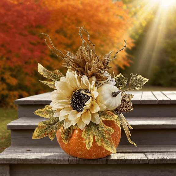 Diceymbol Large Foam Pumpkin Decor 12-Inch Halloween & Fall Centerpiece with Maple Leaves & Sunflowers, Lightweight Tabletop Decoration for Home/Cafe