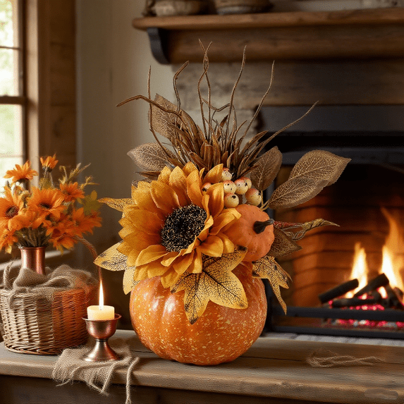 Diceymbol Large Foam Pumpkin Decor 12-Inch Halloween & Fall Centerpiece with Maple Leaves & Sunflowers, Lightweight Tabletop Decoration for Home/Cafe