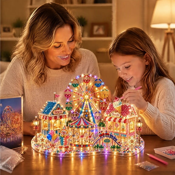 Diceymbol Light Up Carnival DIY Crystal Art Kit, LED Amusement Park Decor with Ferris Wheel, Carousel and Colorful Bead Craft Details