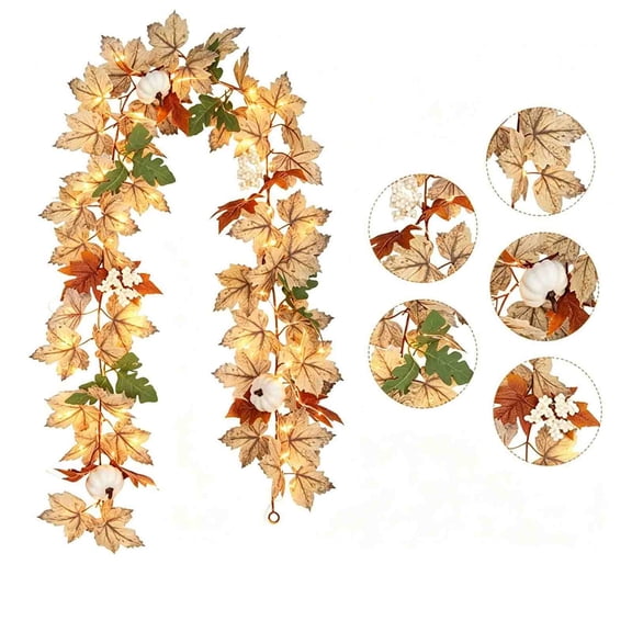 Diceymbol Lighted Fall Maple Leaf Garland 6 Ft with Cotton Stems and Berry Clusters for Mantel Staircase Thanksgiving Decor