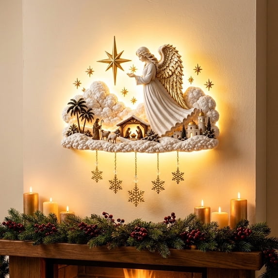 Diceymbol Lighted Nativity Wall Hanging Sign, Holy Birth Manger Wall Decor with Warm LED Lights and Snowflake Pendants for Christmas Home Decoration