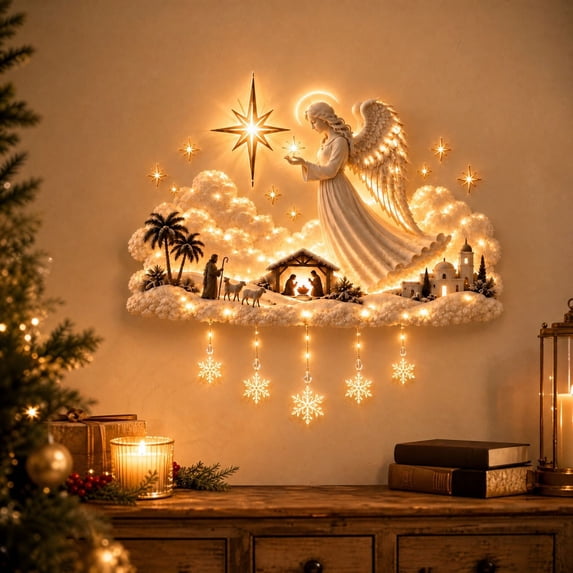 Diceymbol Lighted Nativity Wall Hanging Sign, Holy Birth Manger Wall Decor with Warm LED Lights and Snowflake Pendants for Christmas Home Decoration