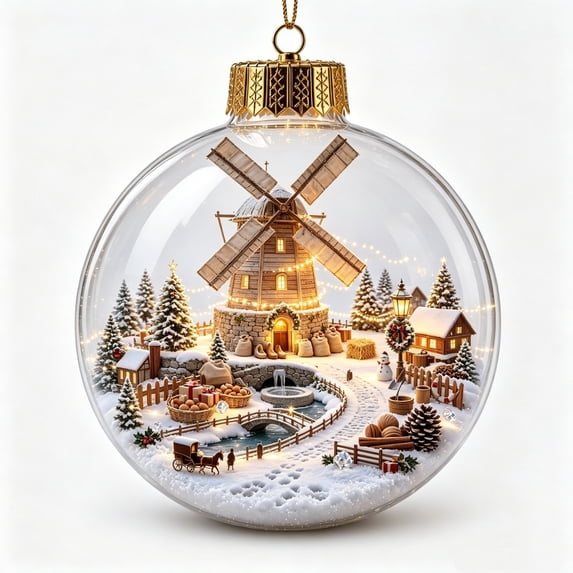 Diceymbol Lighted Windmill Christmas Ball Ornament, 3.15 In Clear Hanging Bauble with Snowy Village, Bridge and Warm Lights for Christmas Tree