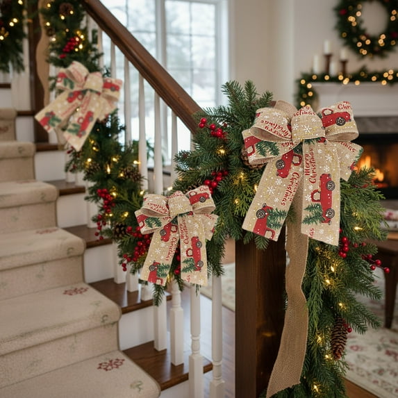 Diceymbol Linen Christmas Bows Set Woven Printed Decorations 7.87x7.09 Inch