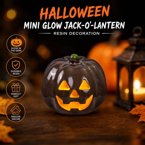 Diceymbol Mini Glow in the Dark Pumpkin Ornaments, Resin Jack O Lantern Figurines for Halloween Party Supplies and Home Accents