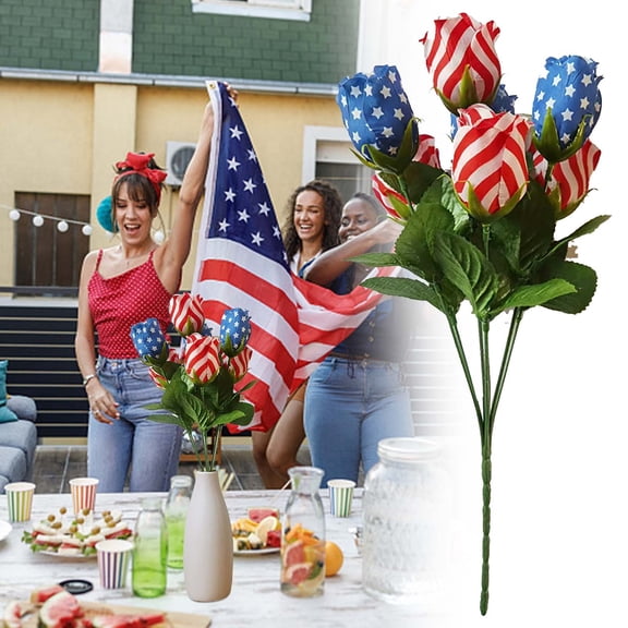 Diceymbol Patriotic Artificial Rose Bouquet 4th of July Fake Flowers Red White Blue American Flag Roses for Independence Day Home Decor