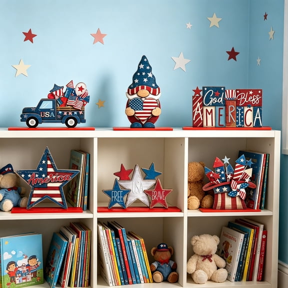 Diceymbol Patriotic Distressed Wooden Tabletop Decor Set 6Pcs Freestanding Ornaments for 4th of July Memorial Day Tiered Tray Home Shelf Tabletop 7In