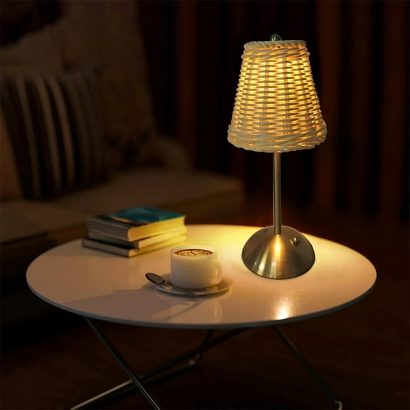 Diceymbol Rattan Gold-Tone Table Lamp with Touch Dimmer, Portable LED Rechargeable Desk Light for Bedroom Nightstand Dining Table and Home Decor
