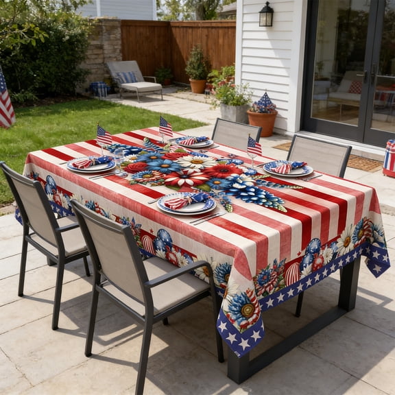 Diceymbol Rectangular Tablecloth 4th of July Decorations Patriotic American Flag Floral Stripe Washable Table Cover For Party Backyard BBQ Home Dining Kitchen 250th Anniversary 70.87In