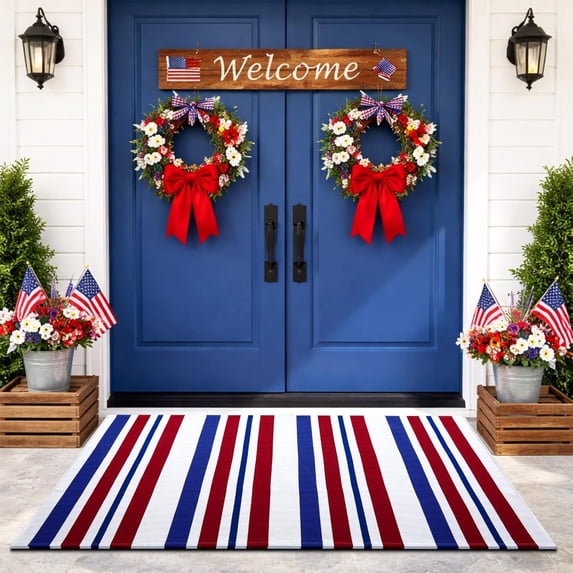 Diceymbol Red White Blue Striped Woven Doormat with Non Slip Backing for Front Door Entryway Patio Decor 32In