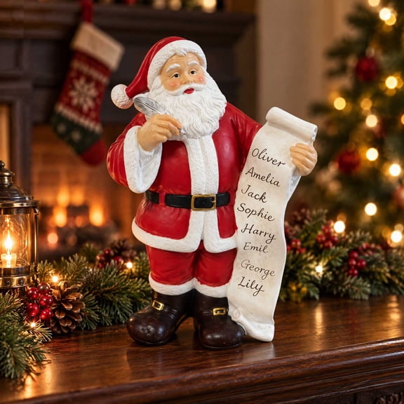 Diceymbol Resin Santa Claus Christmas Figurine, 7 In Vintage Red Santa Statue with Name List Scroll and Quill Pen, Freestanding Tabletop Ornament