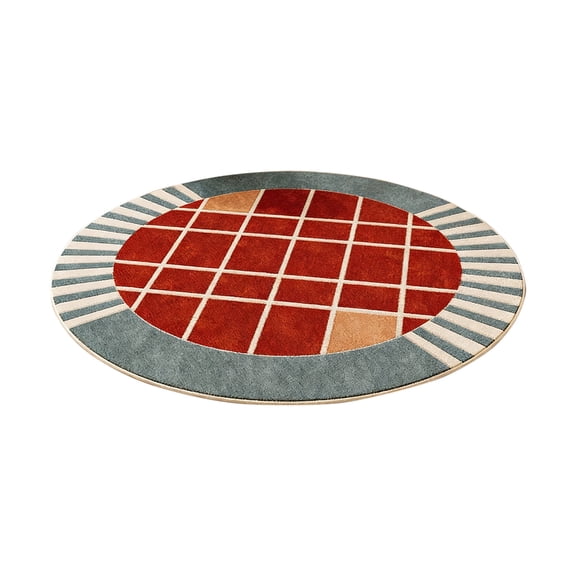 Diceymbol Retro Geometric Round Floor Mat Non Slip Red Teal Grid Stripe Rug for Bathroom Entryway Patio Home Decor 16 Inch