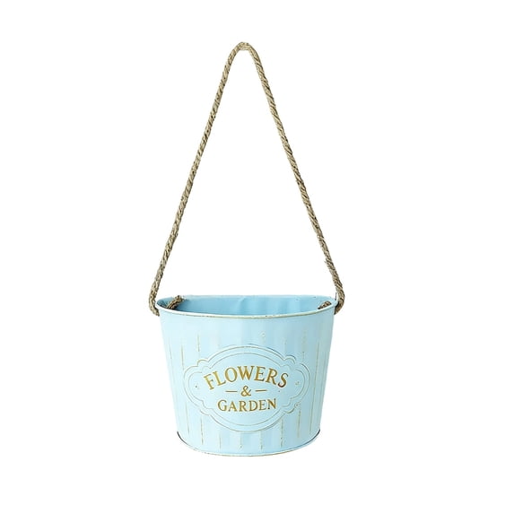 Diceymbol Rustic Blue White Metal Hanging Planter Bucket with Jute Rope Handle for Plants Outdoor Decor for Patio Yard Home Garden 14 Inch