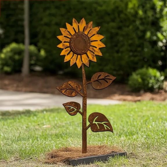 Diceymbol Rustic Metal Sunflower Garden Stake Cutout Weathered Design for Yard Patio Lawn Flower Bed 11.8 Inch