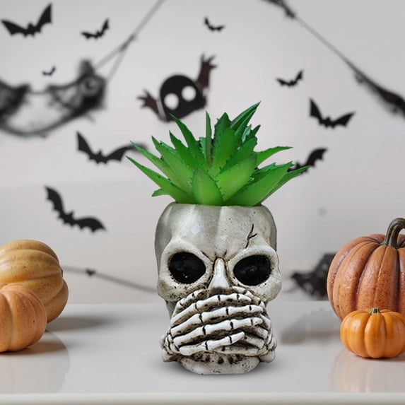 Diceymbol Skull Planter Pot, Resin Easy-Care Plant Container, Halloween Desktop Decor